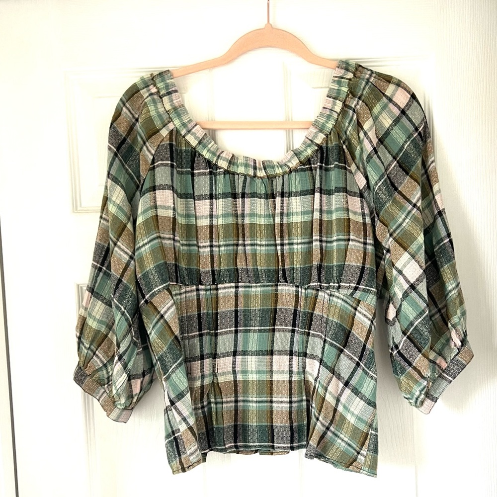Free People Teagan Plaid Puff Sleeve Top